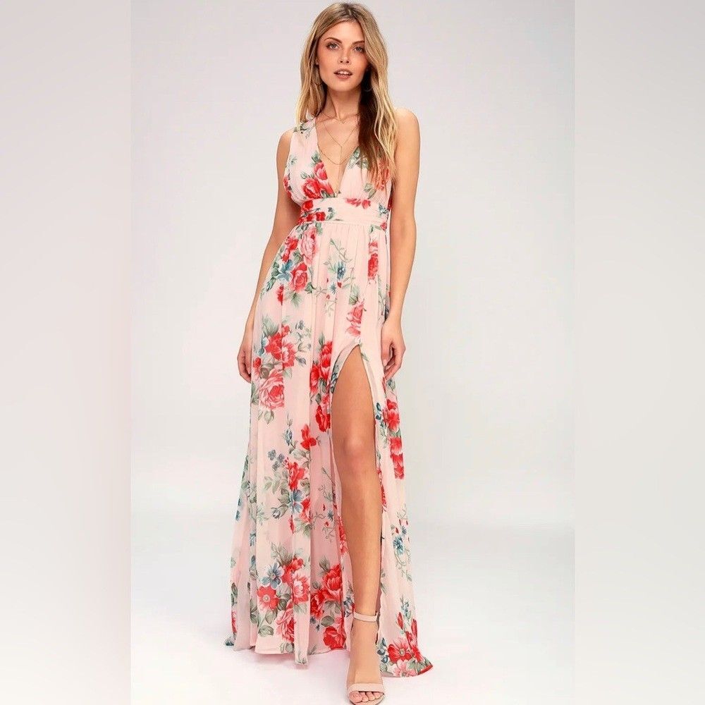Lulus Meandering Garden Blush Pink Floral Maxi Dress w/ Leg Slit Sz L
